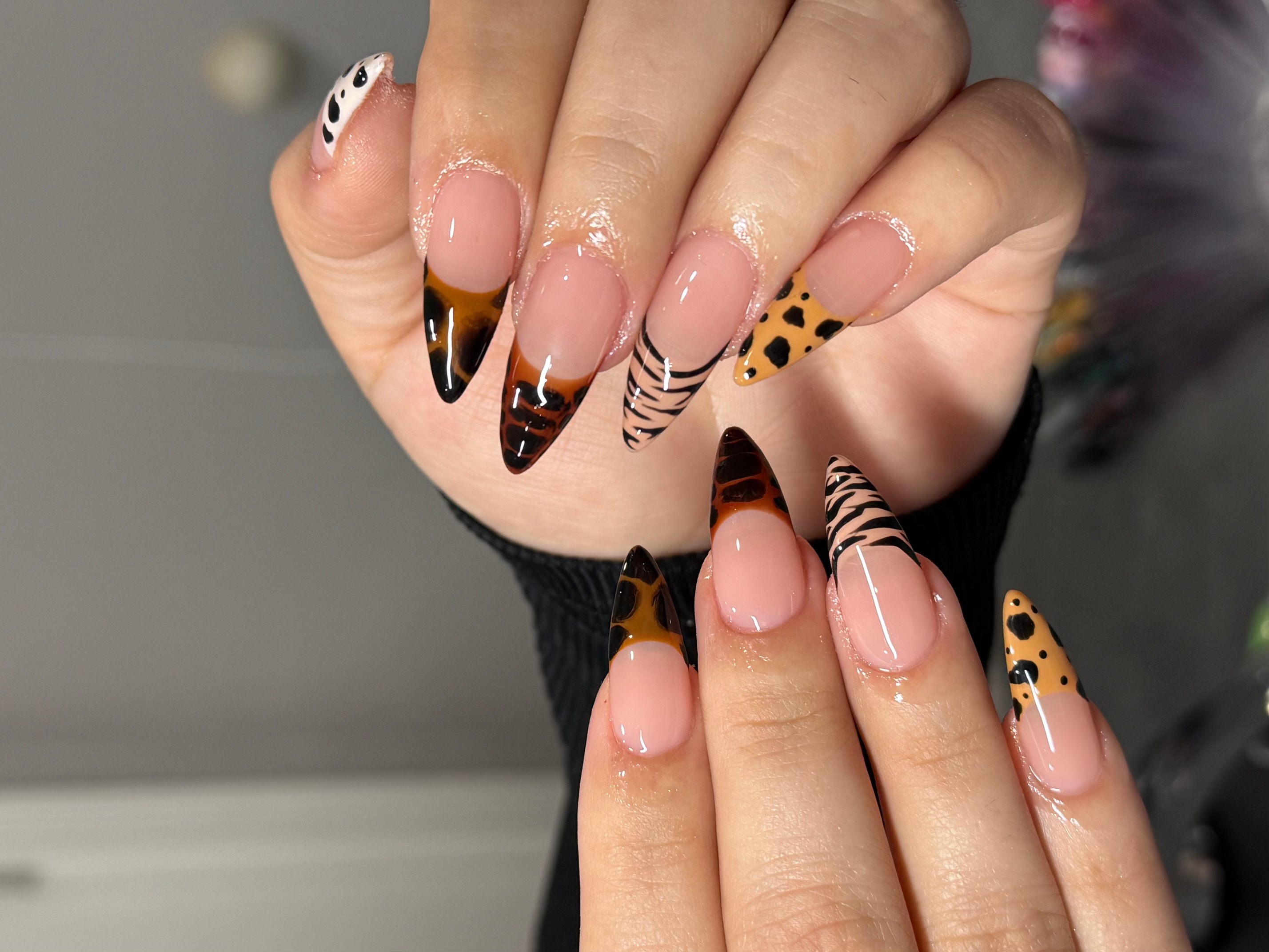 Sculpted stiletto and almond nails featuring mixed animal print French tips: tortoise shell, tiger stripes, and cheetah spots