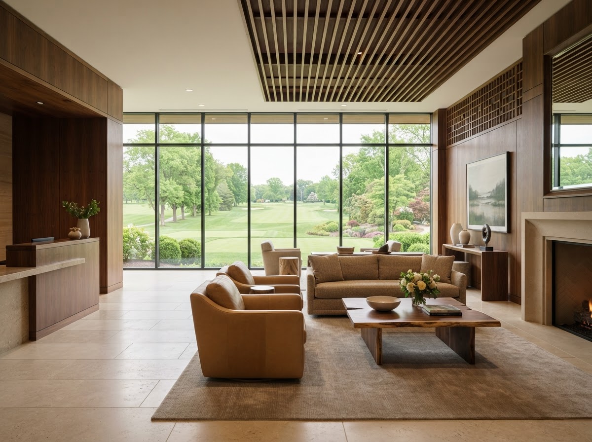 A refined professional building lobby and elegant clubhouse interior with warm stone, wood, and natural daylight