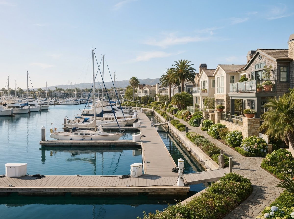 An elegant American coastal marina community with boats and waterfront townhomes in natural daylight
