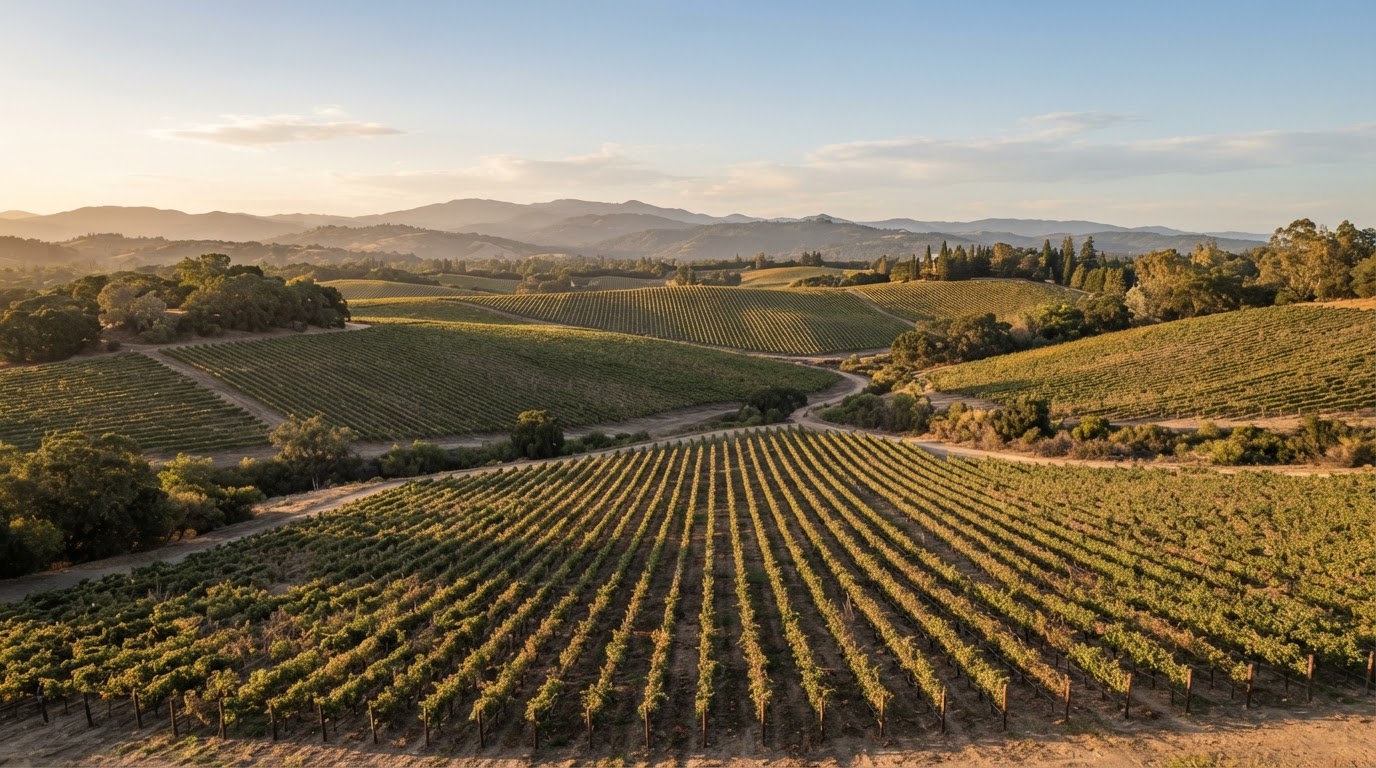 A wide panoramic view of Napa Valley California vineyards with rolling hills covered in grapevines, warm late-afternoon natural light, and distant tree lines