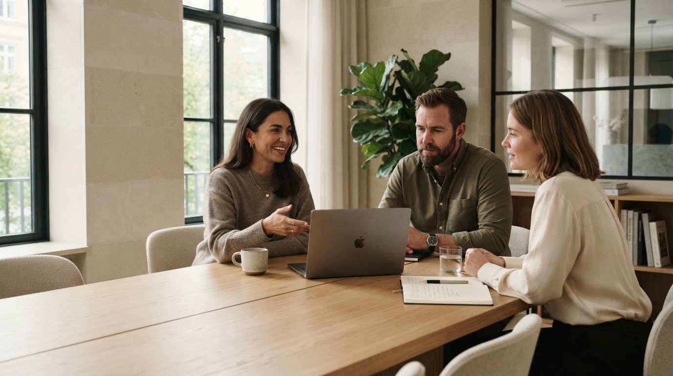 A team of professionals collaborating around a table in a warm contemporary office