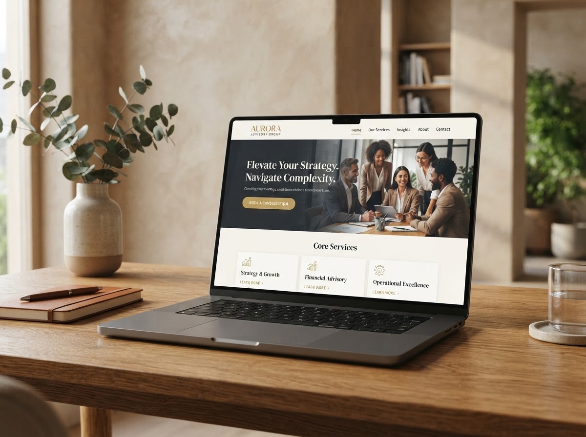 A professional consulting or service organization website displayed on a laptop, with service categories and an appointment inquiry call to action