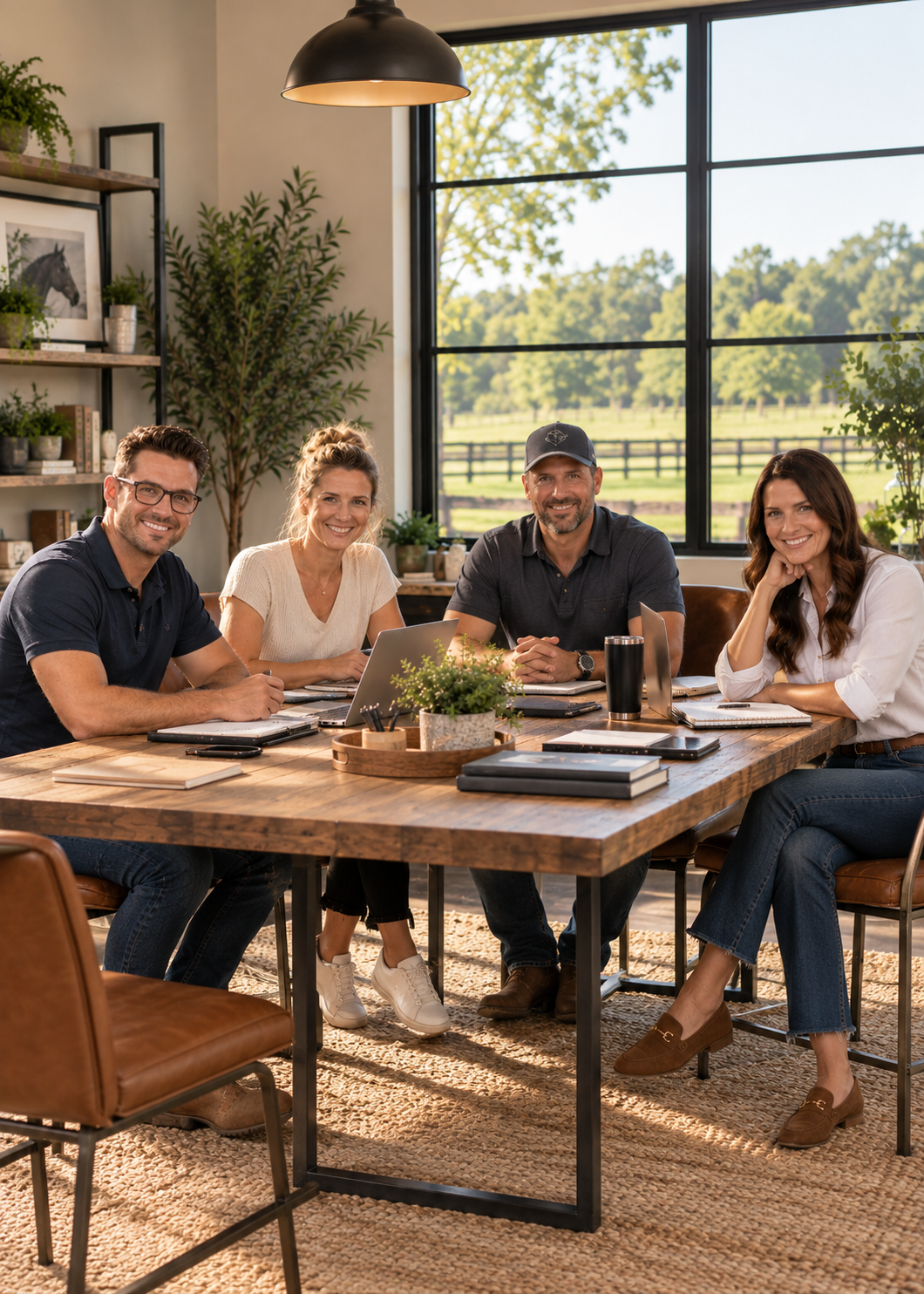 A team of four professionals seated together around a wooden table in a sunlit workspace overlooking open ranch pasture
