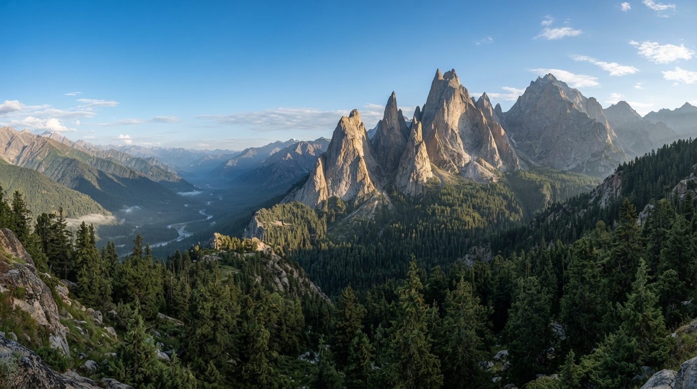 Towering granite spires and sacred pine-forested mountains under open blue skies