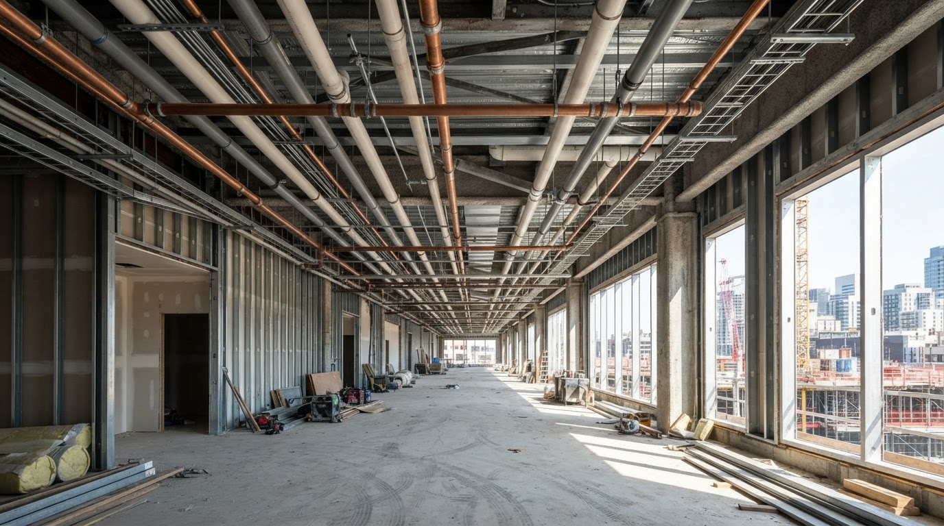 Wide commercial construction corridor with exposed large-diameter piping