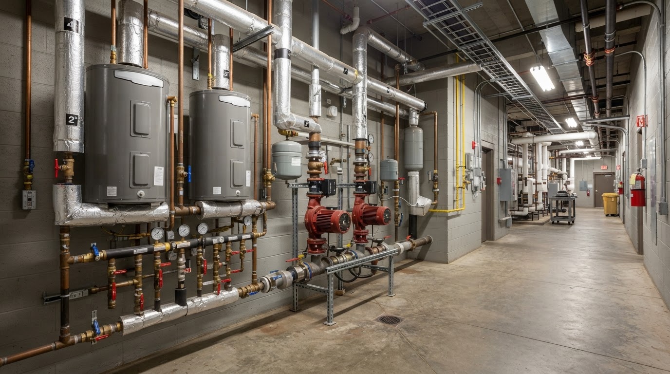 Wide commercial mechanical corridor with hot water piping