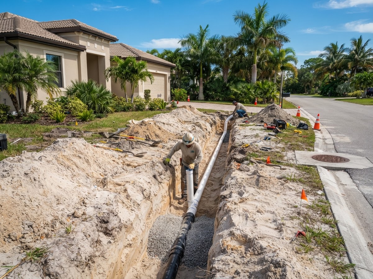 Residential sewer lateral pipe connection from a home to the municipal sewer main in a Cape Coral front yard