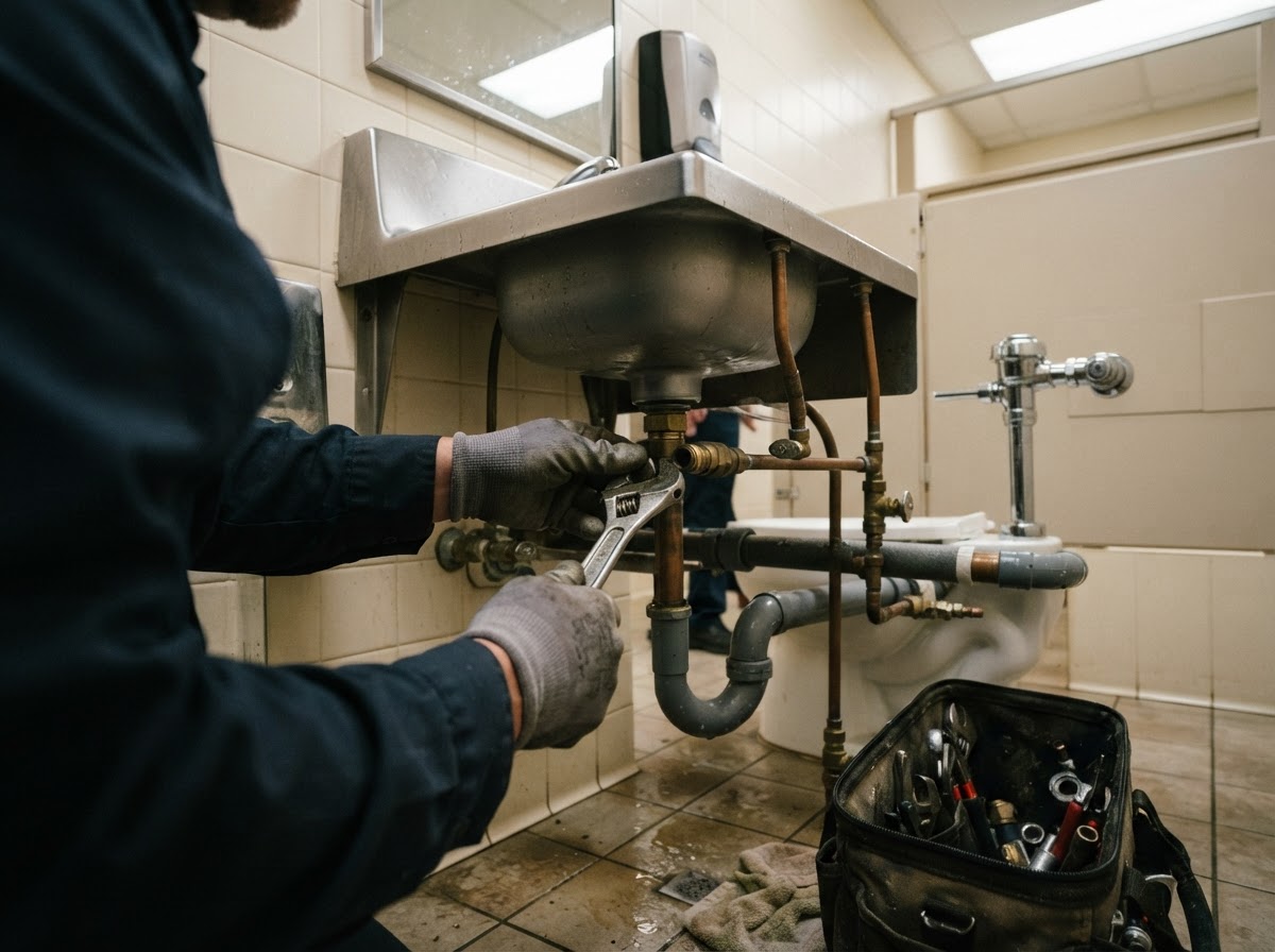 Exposed commercial water supply pipes, brass shutoff valves, and a commercial flushometer being serviced during a repair visit