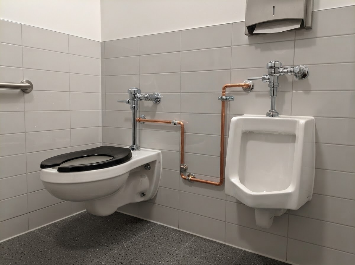 Wall-mounted commercial toilet and urinal with chrome flush valves installed during fixture phase