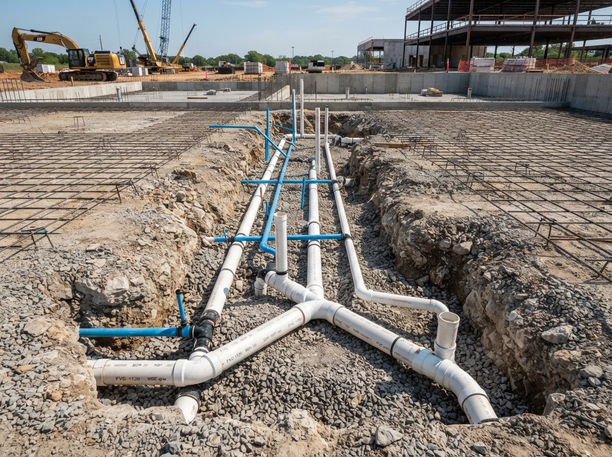 Underground commercial sewer and supply pipes in a trench before the slab pour