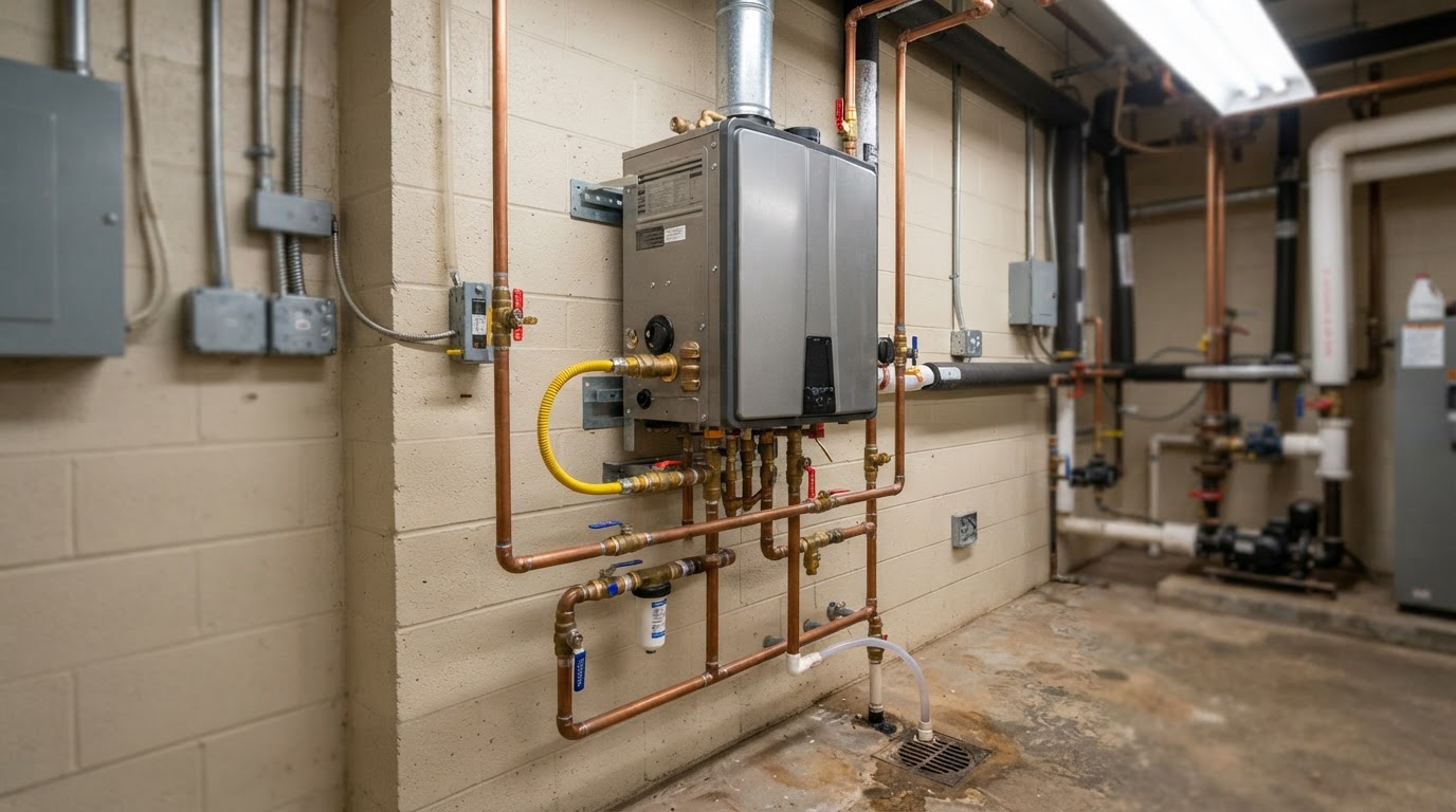 Wall-mounted commercial tankless water heater with pipe connections