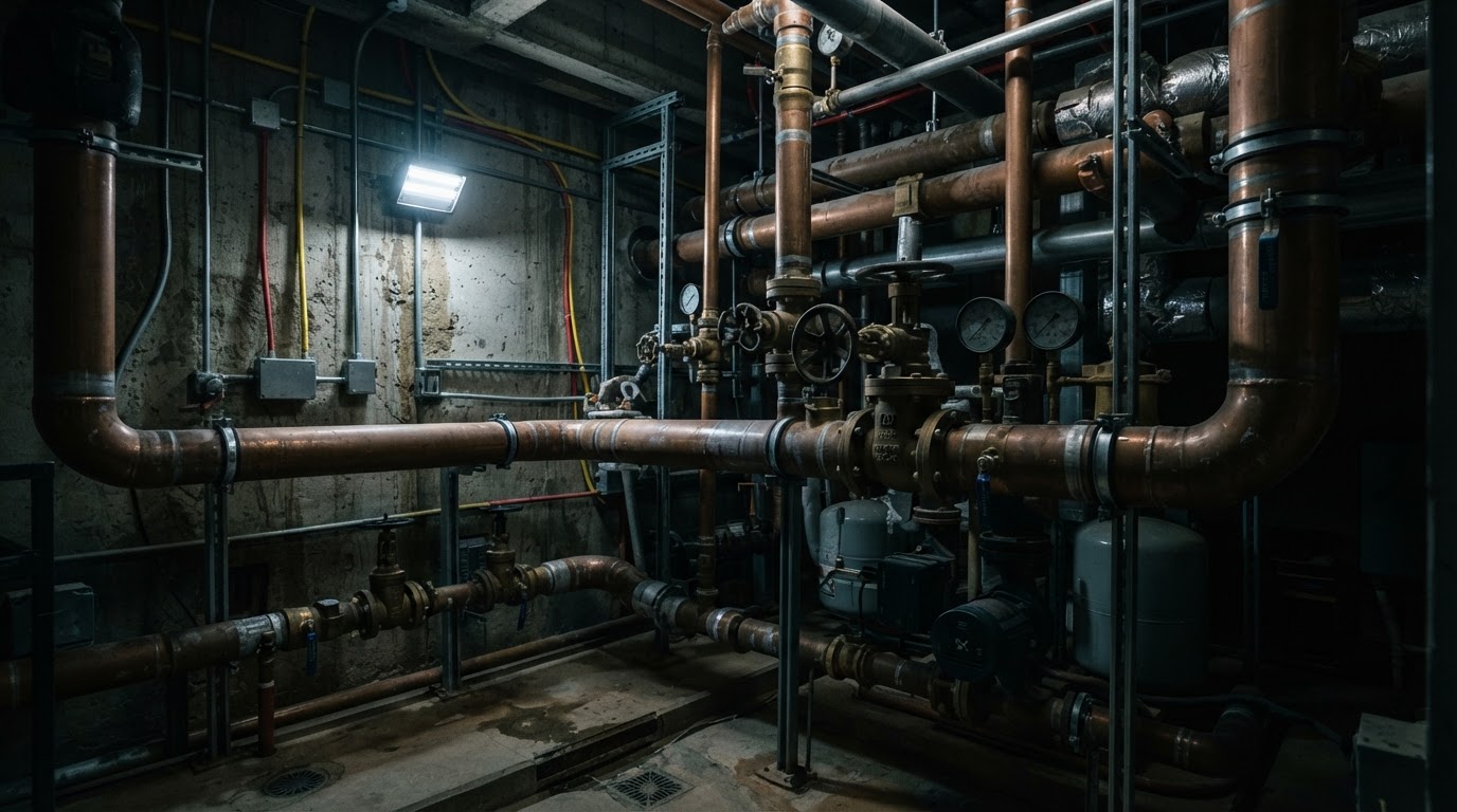 Exposed commercial plumbing infrastructure — large-diameter water supply pipes, brass shutoff valves, and pressure gauges along an industrial wall