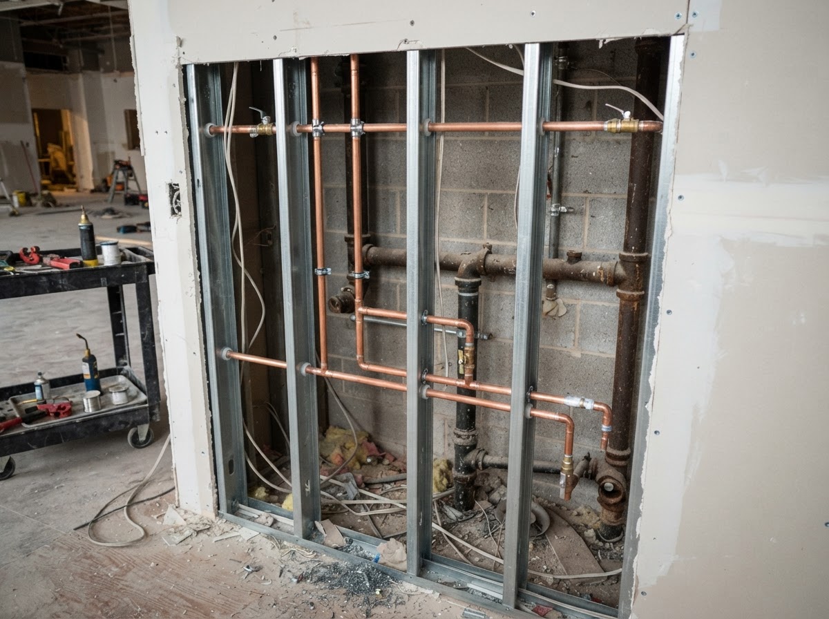 New copper water supply pipes being rerouted through an opened commercial wall during a renovation