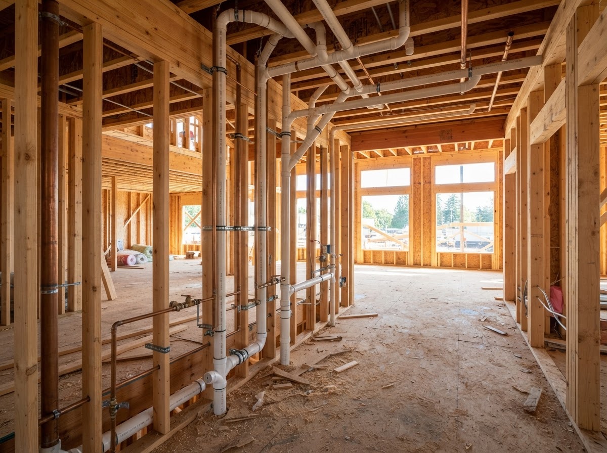 Exposed commercial plumbing piping installed through framing in a building under construction