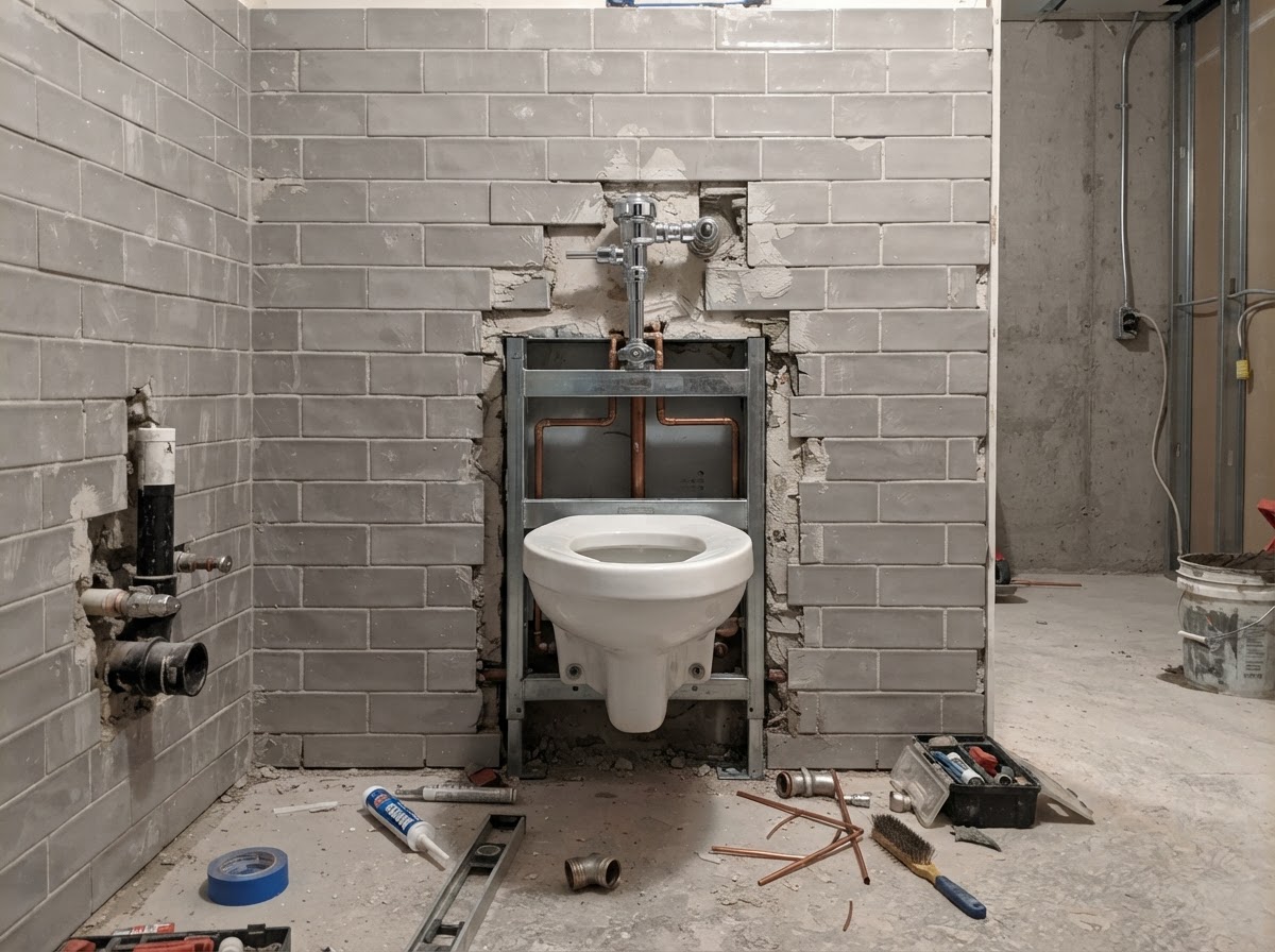 Commercial restroom renovation with wall-mounted toilet rough-in and exposed supply piping