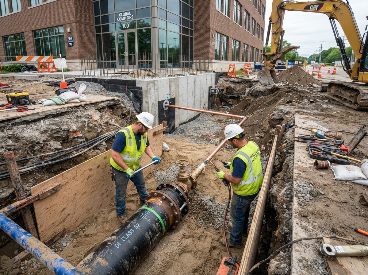 Underground commercial water supply line excavation and repair