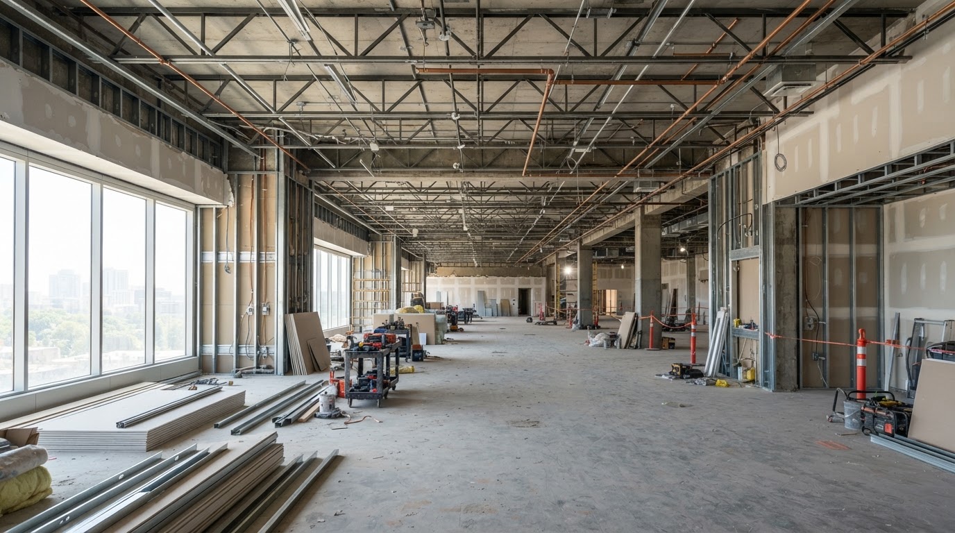 Wide commercial interior under renovation with exposed framing and new plumbing runs