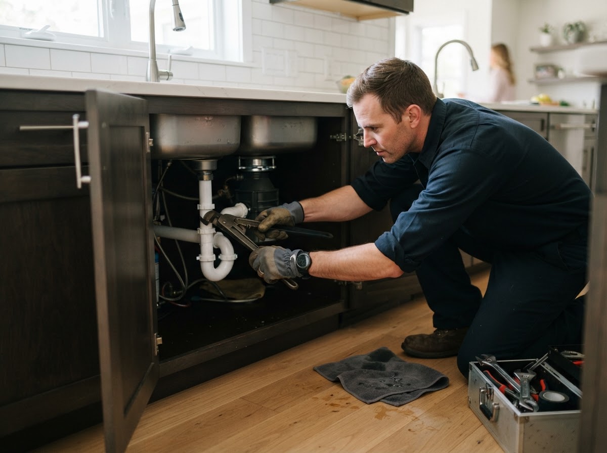 Plumber inspecting pipes under a residential sink
