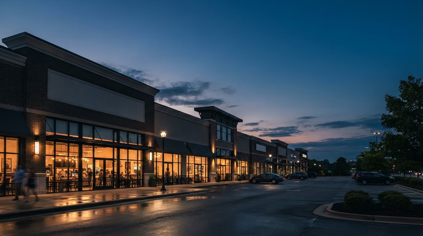 Multi-tenant commercial property with exposed large-diameter drain and sewer piping along the building