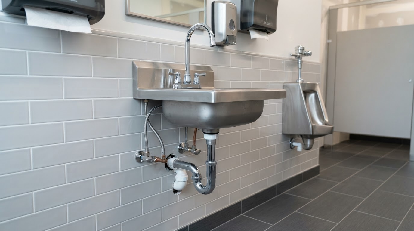 Newly installed commercial sink with fresh supply and drain connections during a renovation