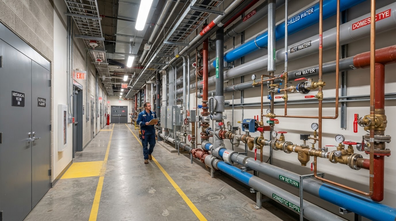 Commercial building service corridor and mechanical hallway with exposed water supply piping
