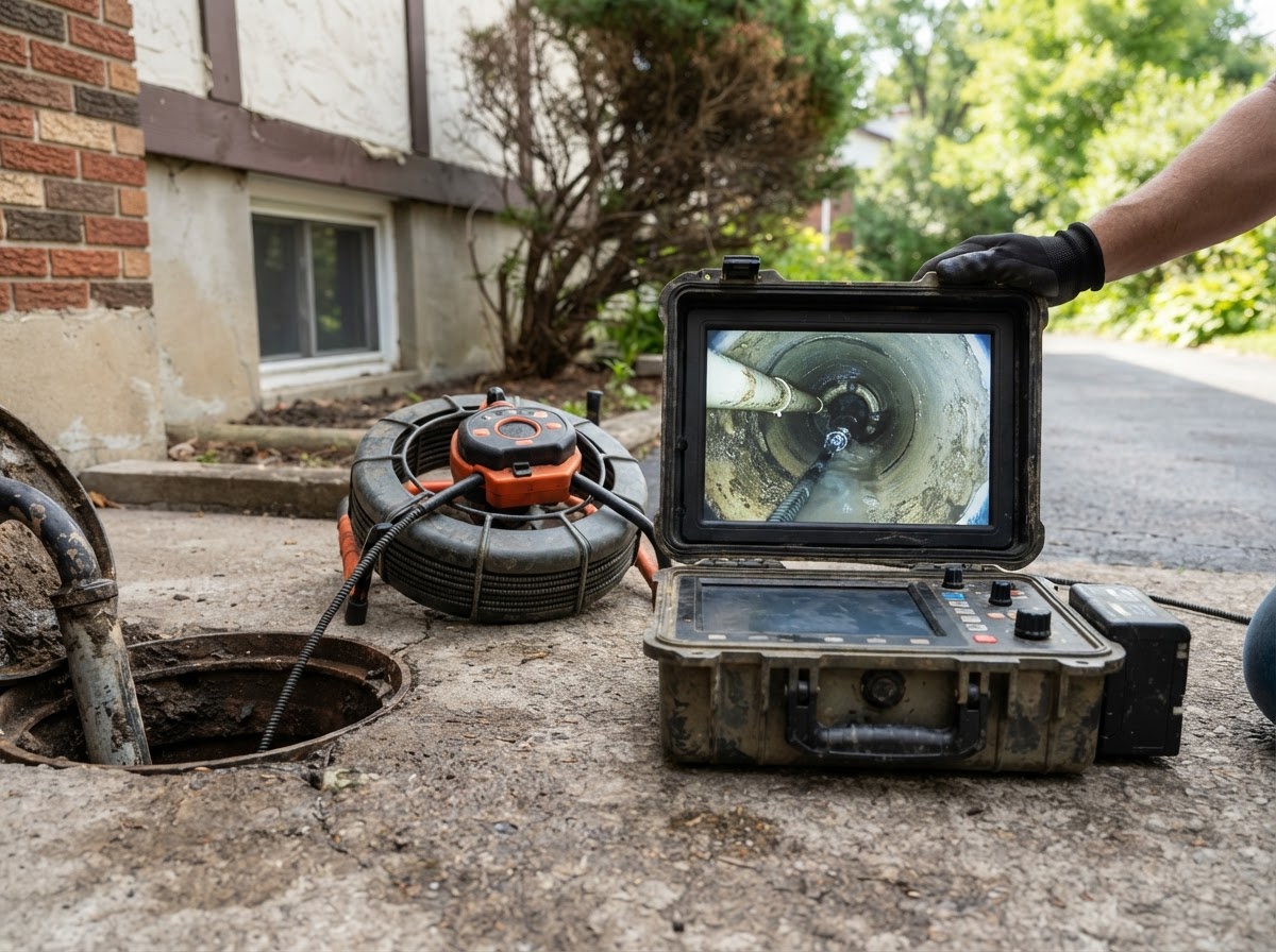 Sewer camera inspection monitor showing the live video feed inside a residential sewer pipe line