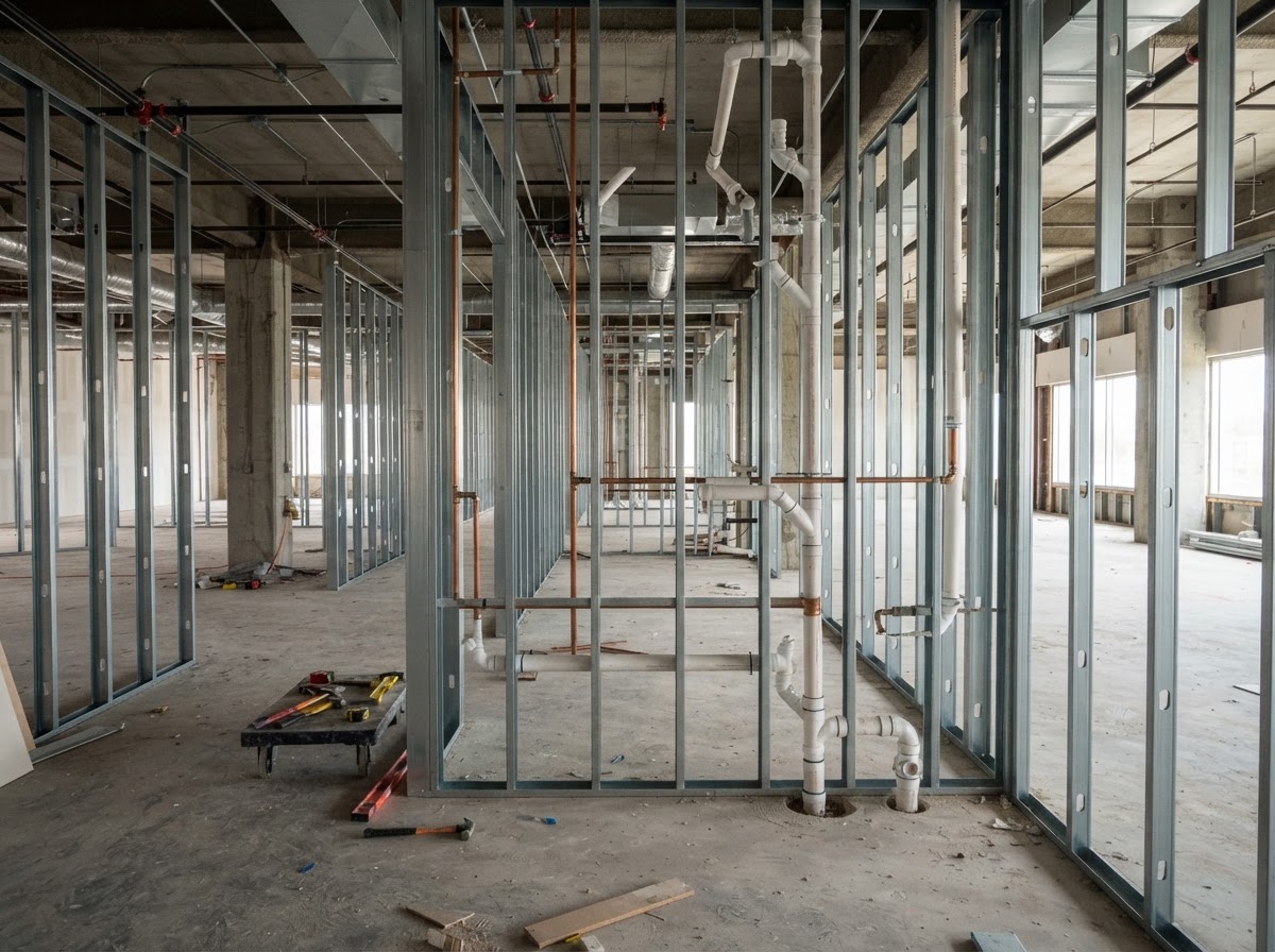 Commercial tenant build-out with new plumbing rough-in through metal stud framing
