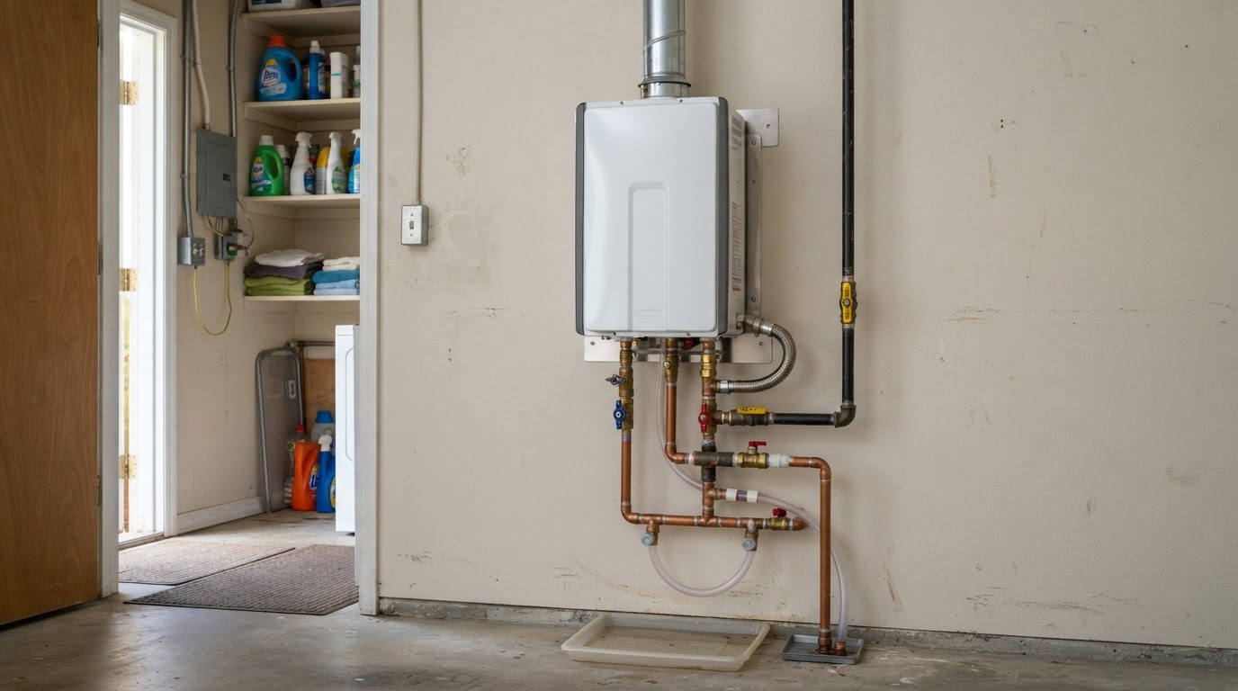 Wall-mounted tankless water heater installed in a residential utility closet with plumbing and gas connections