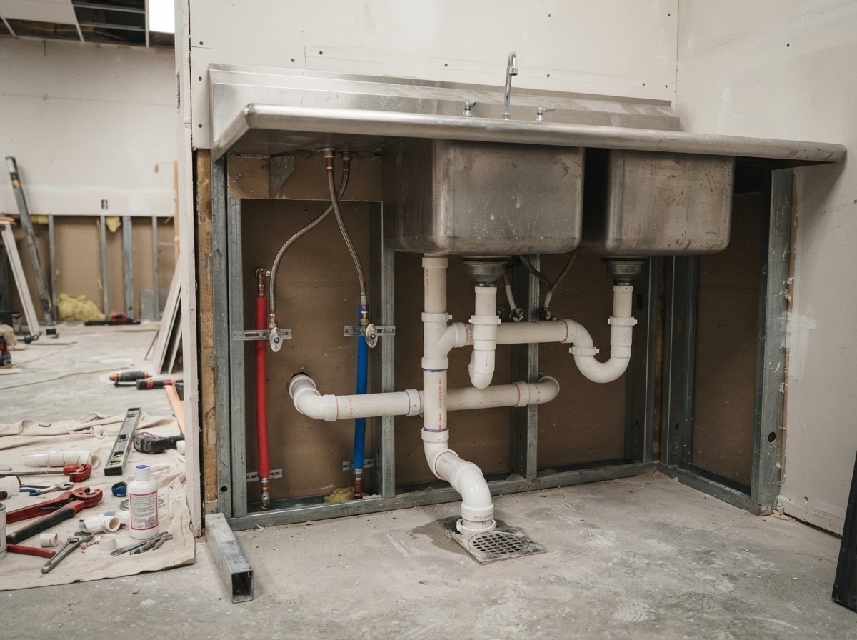 Exposed drain and supply lines under a commercial stainless steel sink during a kitchen renovation