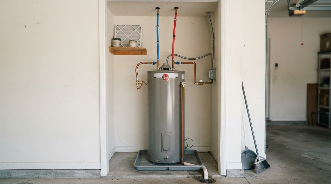 Traditional tank water heater installed in a residential utility closet with visible plumbing connections