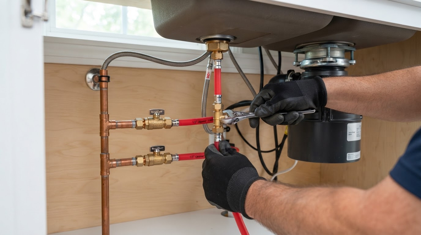 Plumber connecting water supply lines and shutoff valves beneath a residential kitchen sink
