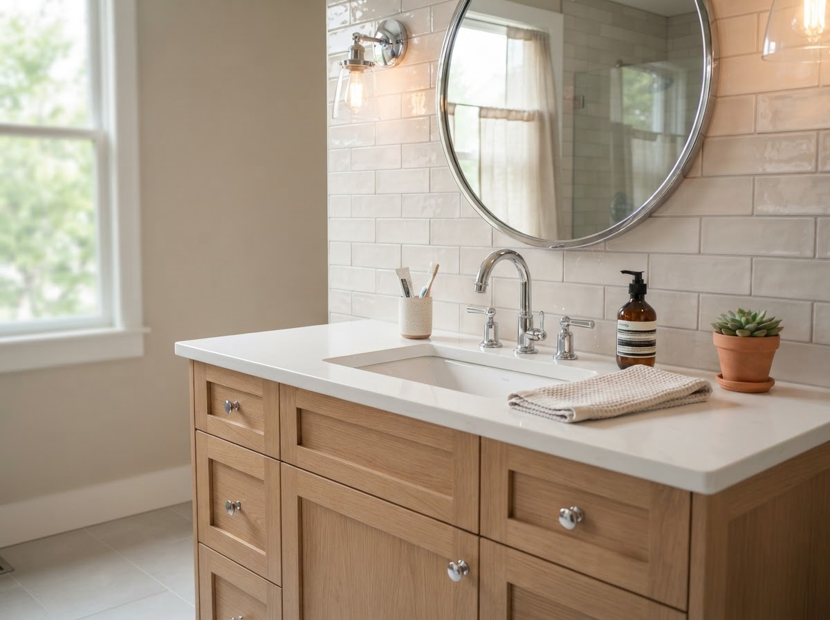 Clean residential bathroom vanity with a white porcelain sink and modern chrome faucet