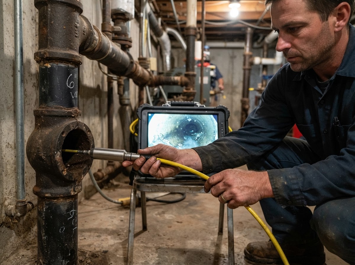 Commercial sewer camera inspection — push camera cable and head entering a clean-out access port on a commercial drain line