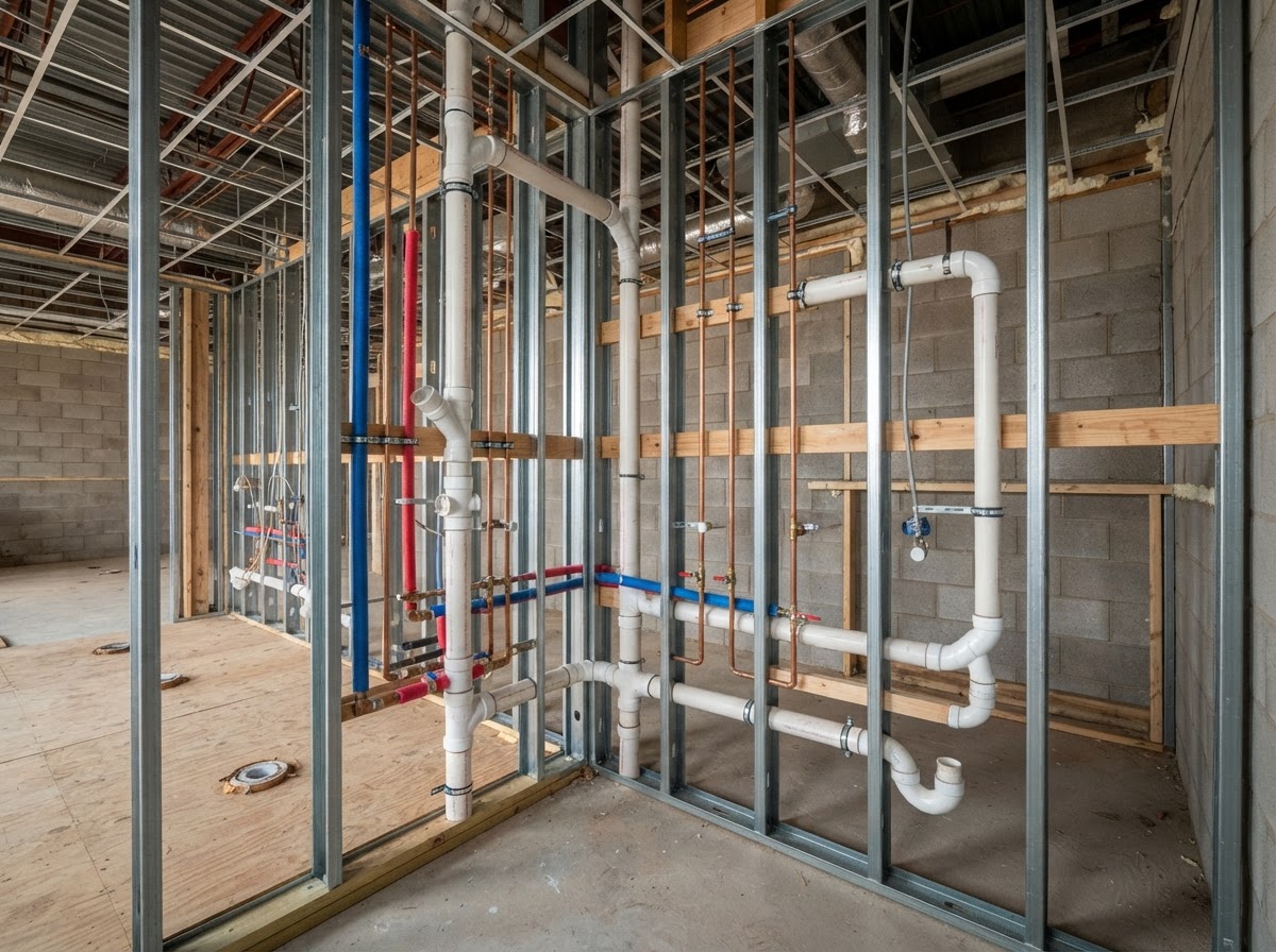 Copper supply lines and PVC drain-waste-vent piping through stud framing in an unfinished commercial restroom
