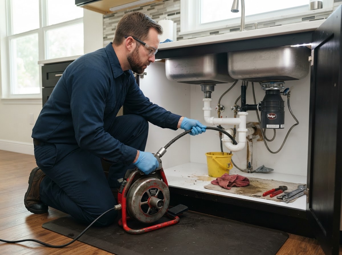 Plumber clearing a clogged residential drain line with a drain cleaning machine