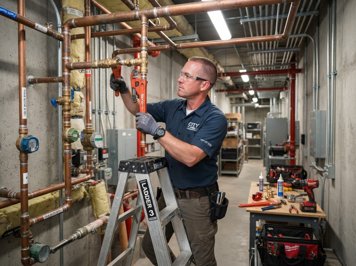 Plumber repairing an exposed commercial water pipe
