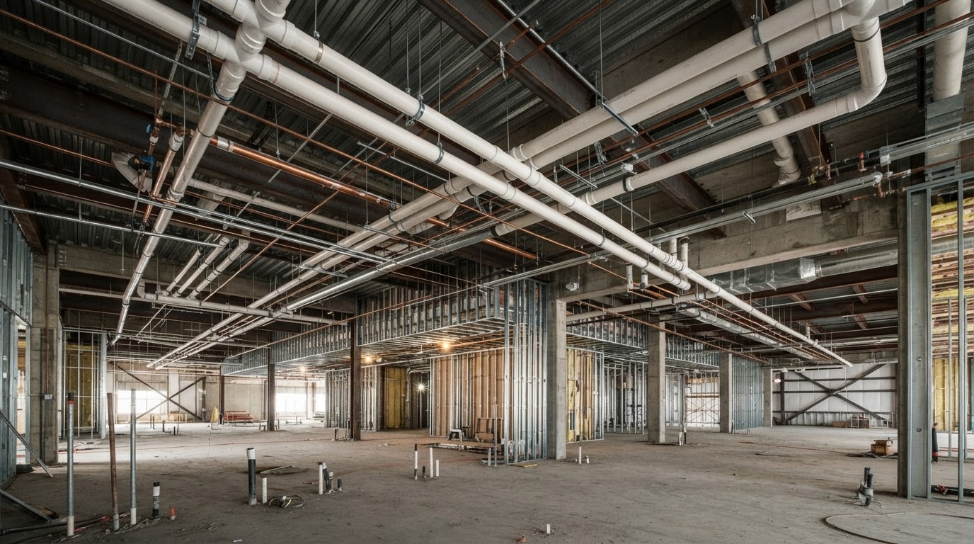 Wide commercial construction interior with exposed piping across steel framing