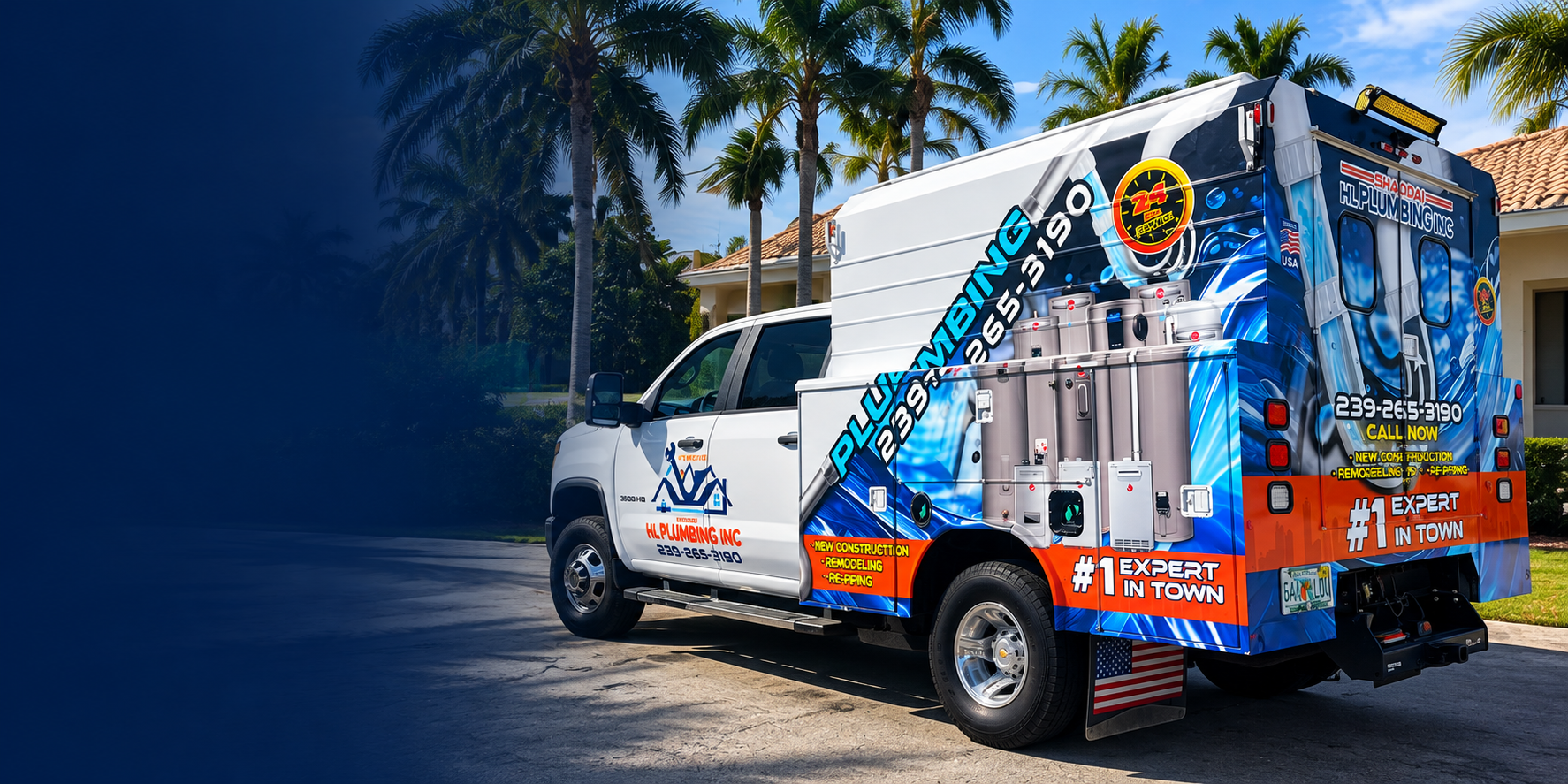 Shaddai HL Plumbing Inc service truck with Florida palm trees