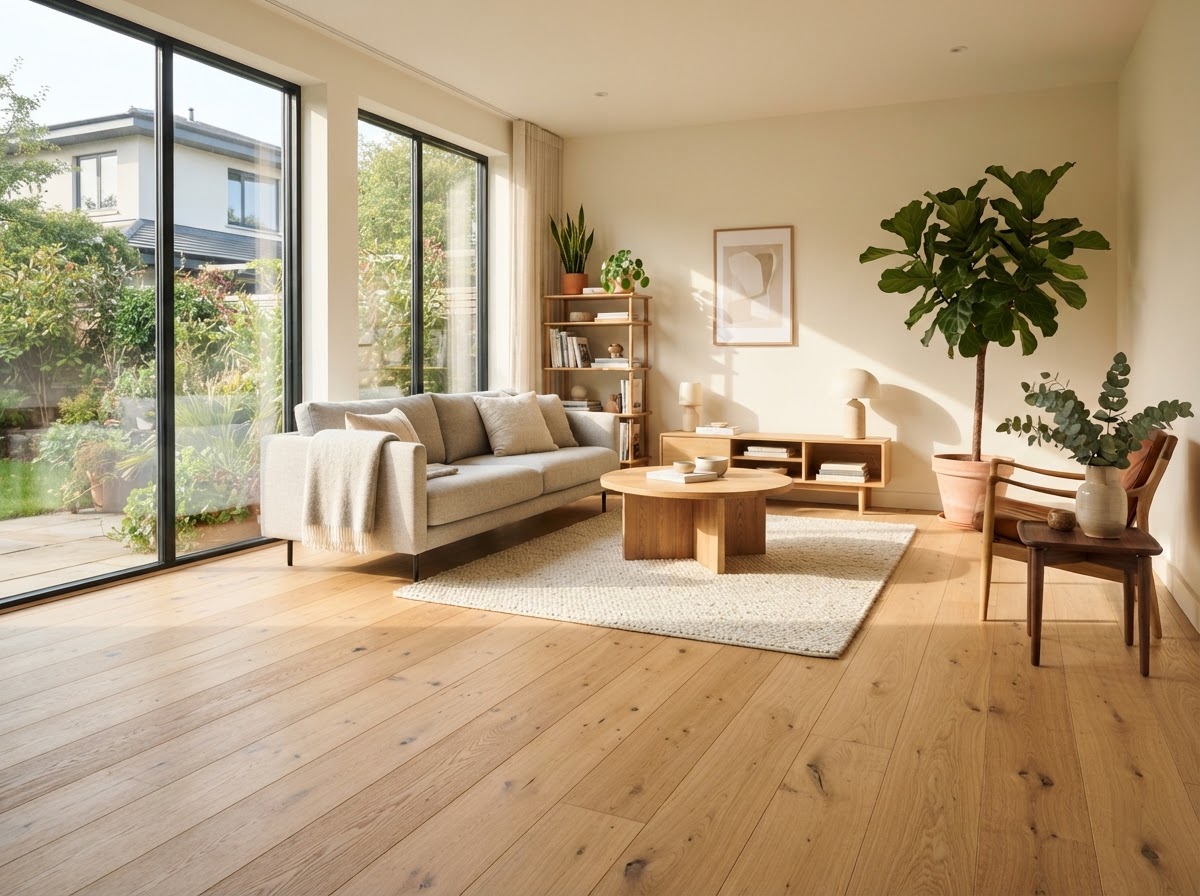 Bright modern living room with wide-plank natural white oak hardwood flooring