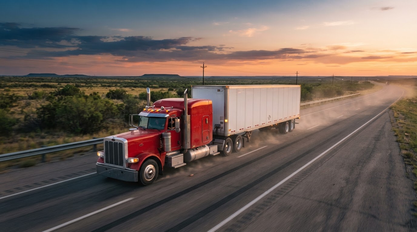 A semi-truck tractor pulling a white 53-foot dry van trailer on a Texas highway at dusk