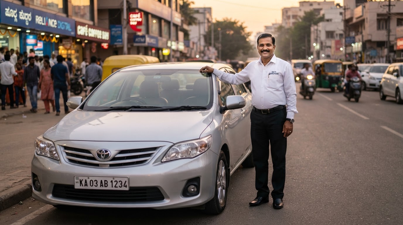Neatly dressed professional Indian driver standing beside a private car