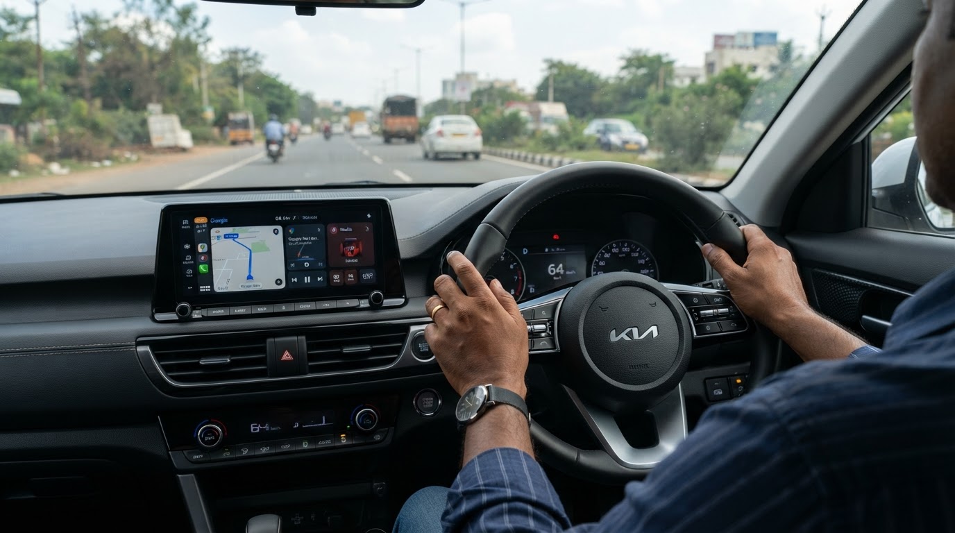 Close-up of a driver's hands on the steering wheel of a private car
