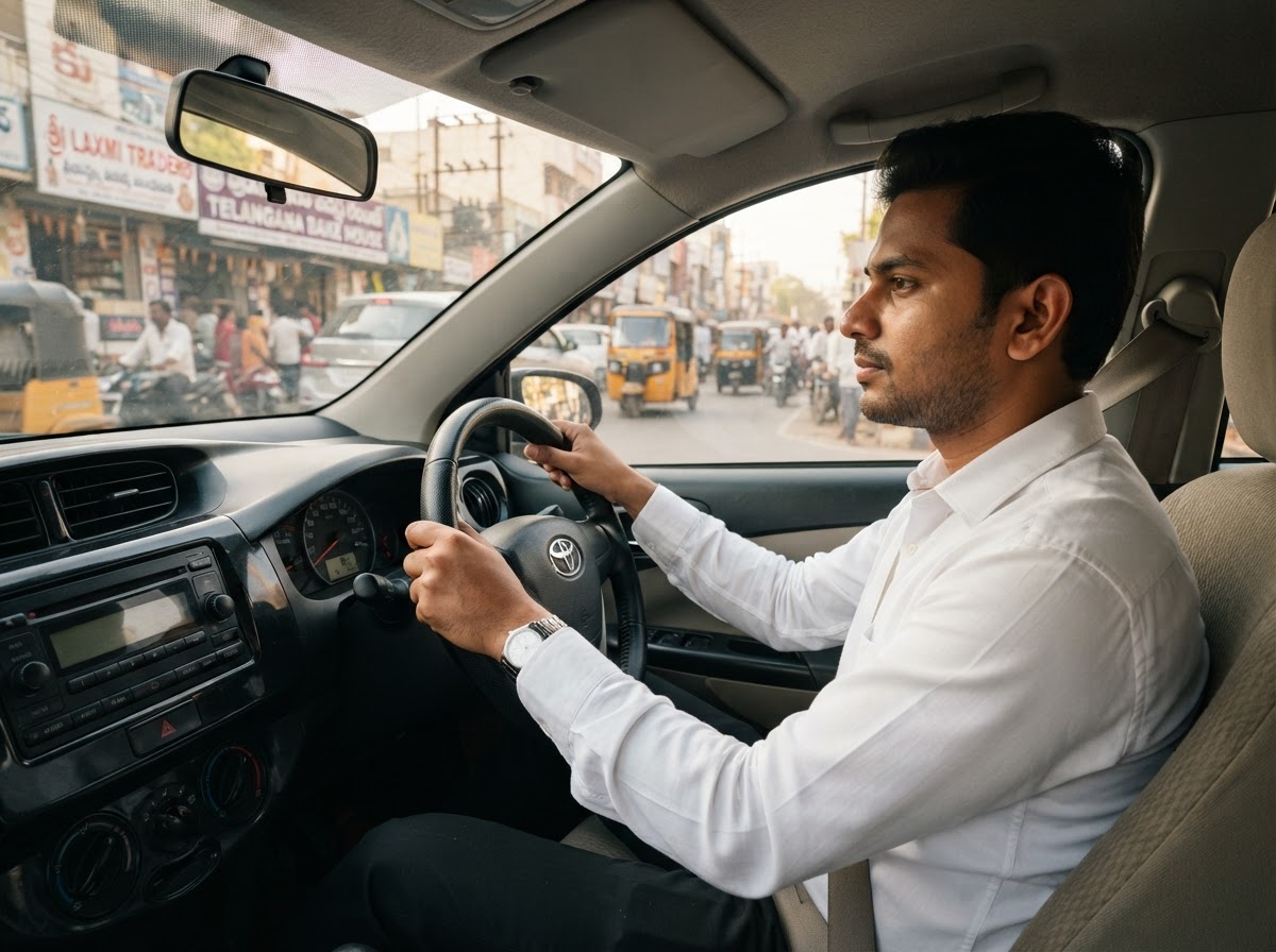 Indian driver focused on driving a private car in Warangal