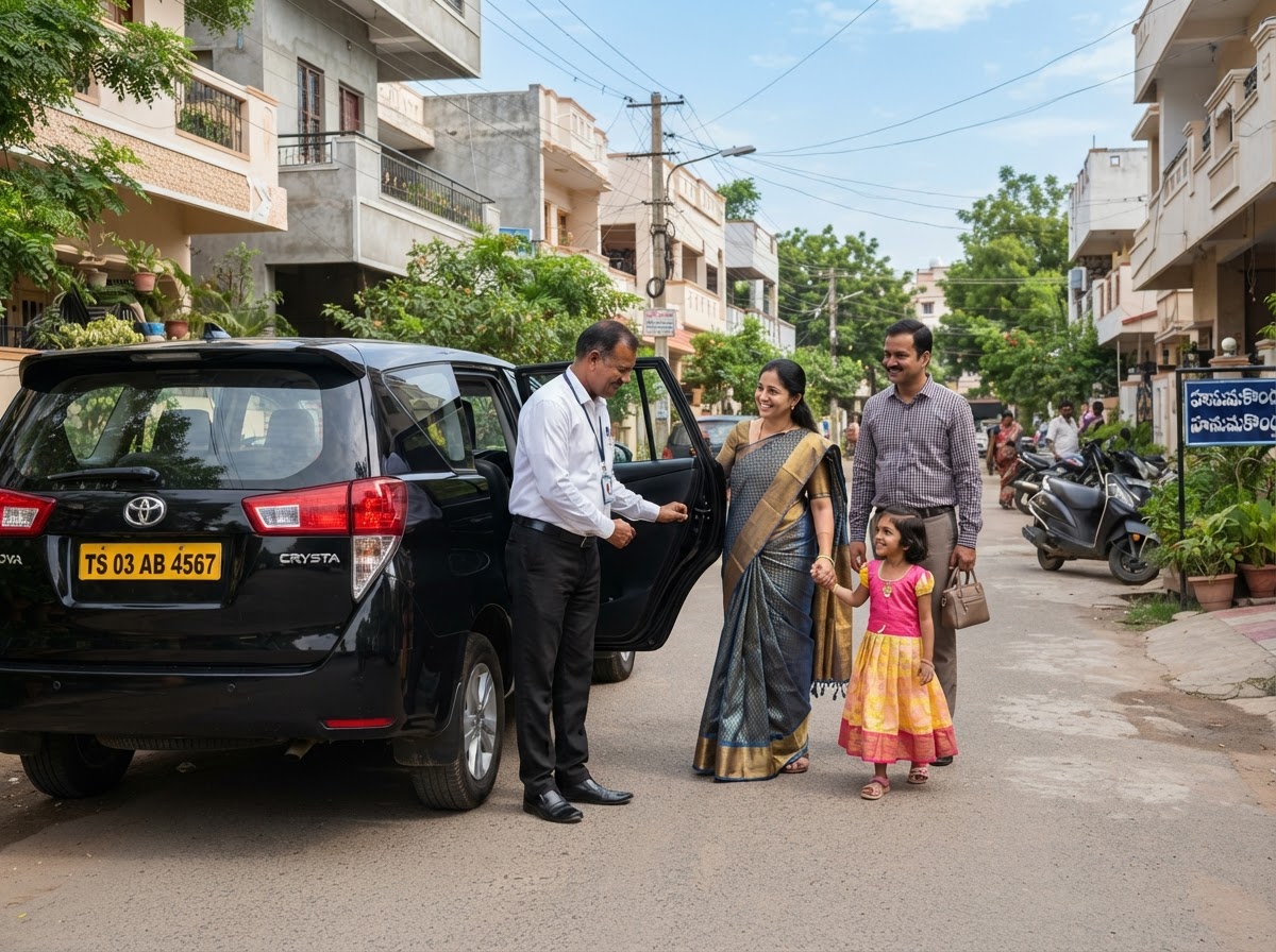 Indian driver holding open a private car door for a family customer