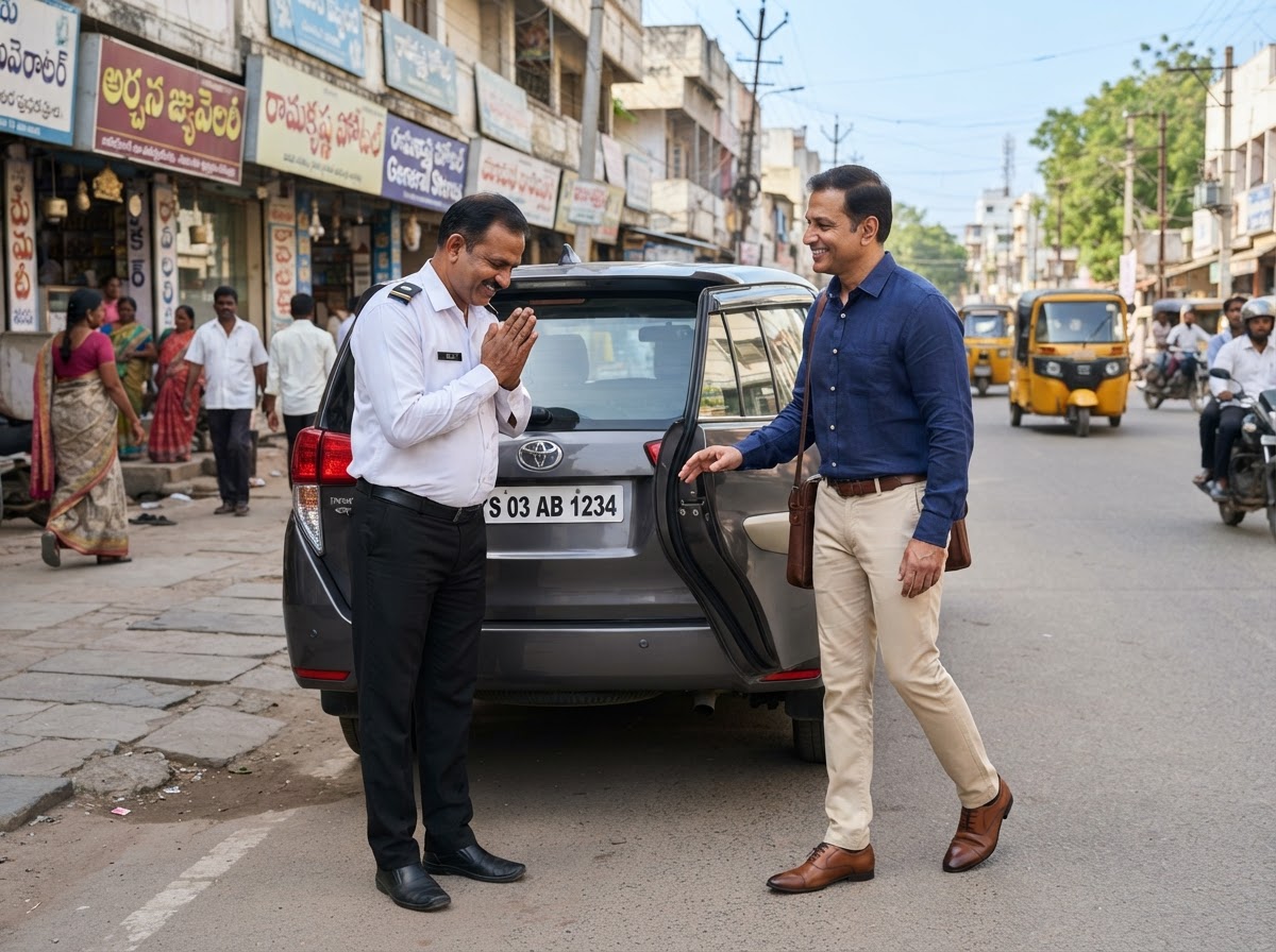 Indian driver politely greeting a customer near a private car