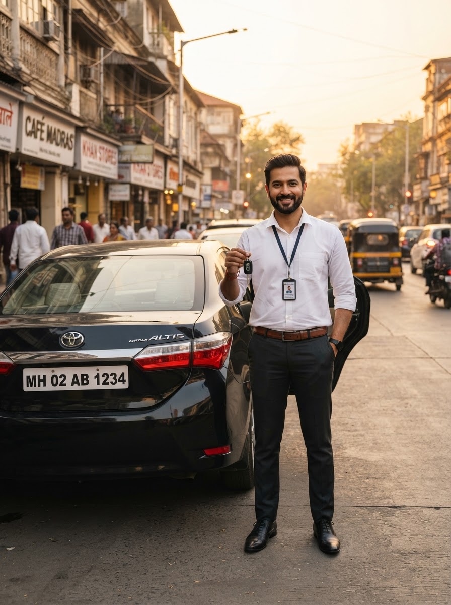 Professional Indian driver in a crisp white shirt standing beside a parked private car