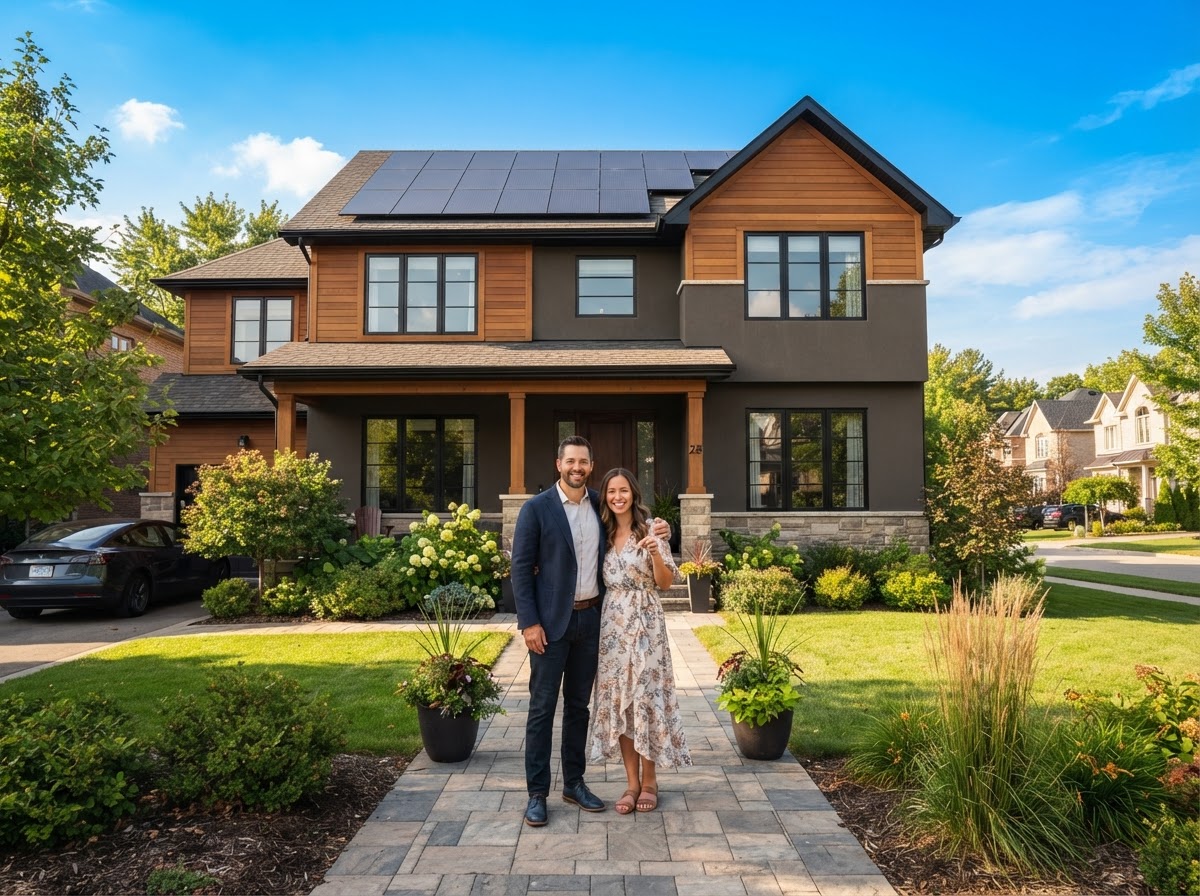 A happy homeowner couple standing outside a beautiful modern suburban home with professionally installed rooftop solar panels on a bright sunny day.