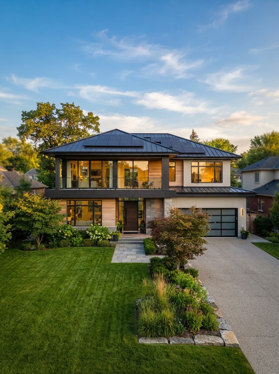 A modern residential home featuring a sleek rooftop solar panel system against a bright sky.