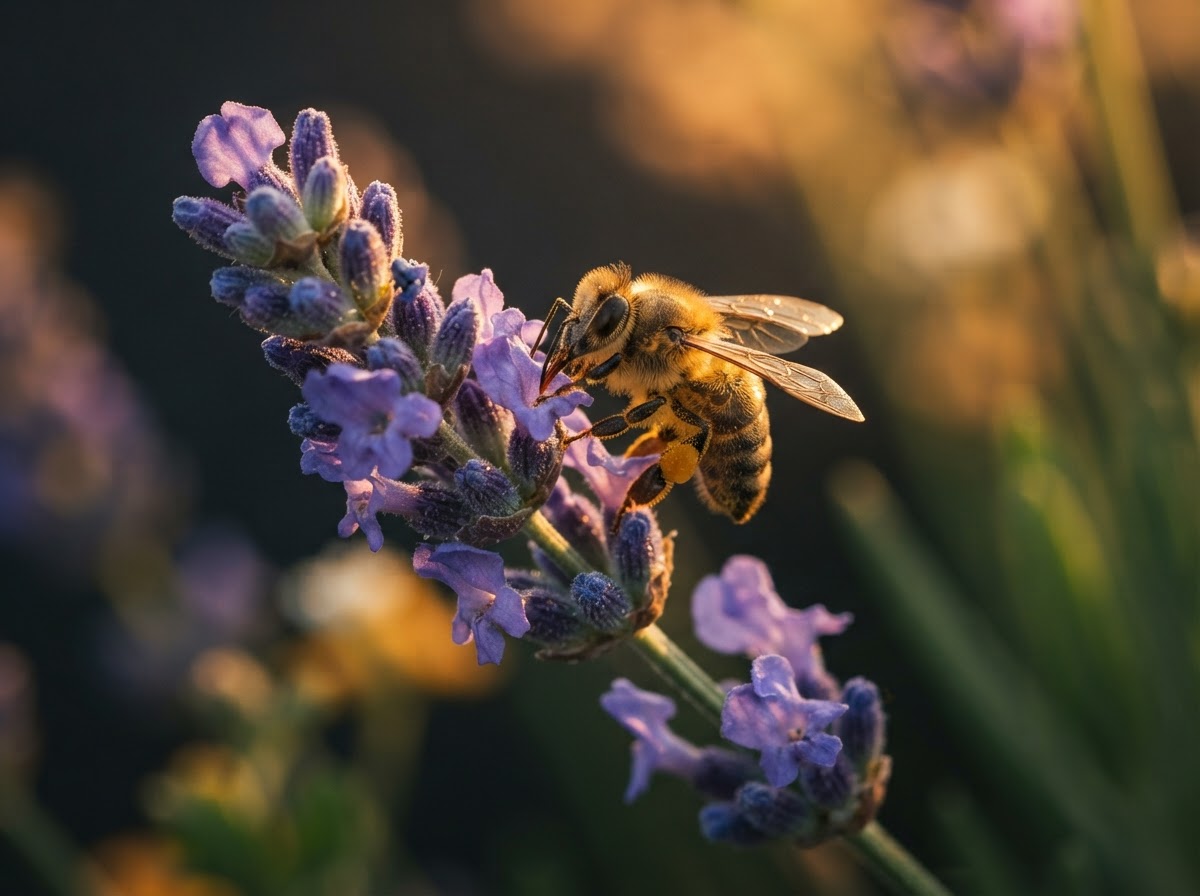 A honeybee resting on a lavender flower, backlit by golden hour light