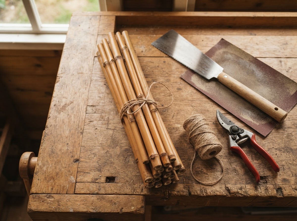 DIY bee hotel materials laid out on a workbench — bamboo canes, a small saw, jute twine, and secateurs